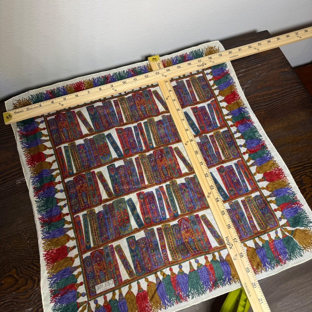 Vintage Celine Scarf 20x20 Multi Bookshelf Tassel Print Silk Cotton Handkerchief - Picture 6 of 6